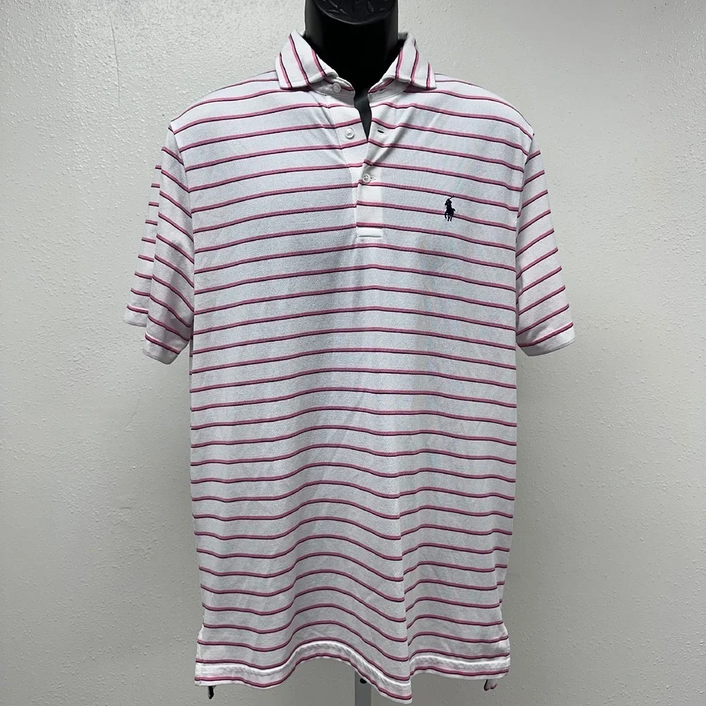 Ralph‎ Lauren Golf Polo Shirt Striped Wicking White/Pink Casual Short Sleeve M